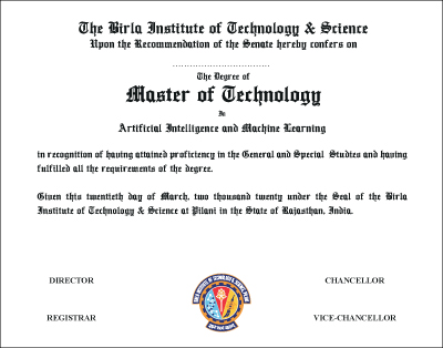 The Degree of Master of Technology in Artificial Intelligence & Machine Learning